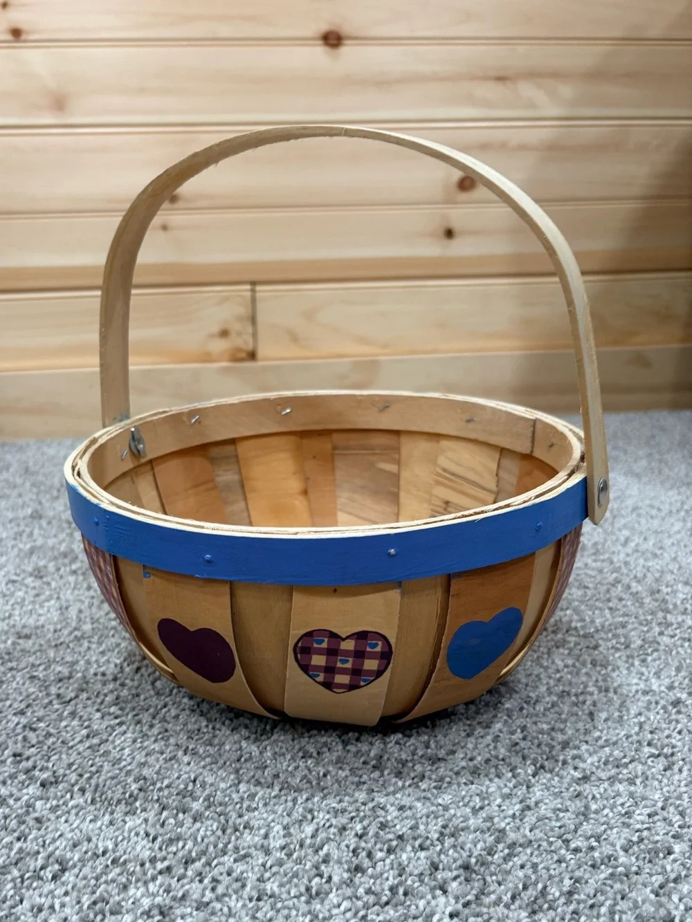 NWT Handcrafted Wooden Heart Basket with Blue Accent